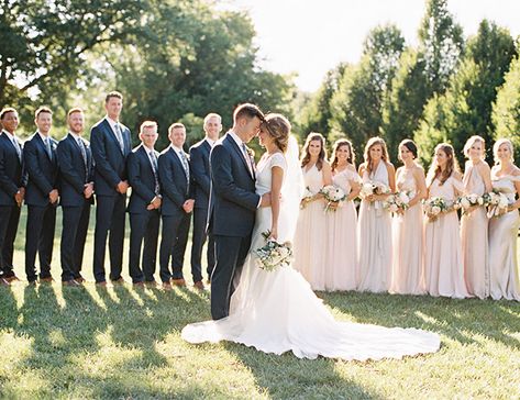 Wedding Picture Ideas With Bridesmaids Groomsmen, Big Wedding Party Photos, Wedding Reception Detail Photos, Big Bridal Party Photos, Navy And Neutral Wedding, Wedding Party Colors, Wedding Group Photos, Wedding Party Poses, Wedding Photography Bridal Party