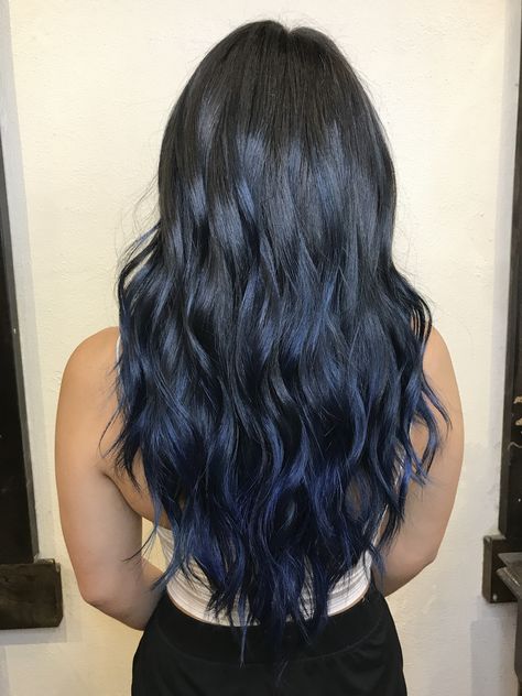 Dark Hair With Navy Blue Highlights, Dark Hair Blue Tint, Midnight Dark Blue Hair Highlights, Dark Blue Lowlights In Brown Hair, Electric Blue Highlights In Black Hair, Black Hair With Blue Balayage, Midnight Blue Hair Balayage, Dark Blue Balayage Hair Brunettes, Blue Balyage Long Hair Brunettes