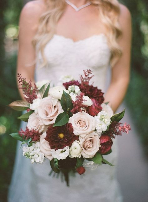 Burgundy dahlias, peonies, champagne roses, astilbe wedding bouquet | Rancho Valencia Wedding | Robert & Kathleen Photographers Marsala Wedding Bouquet, Astilbe Wedding, Fall Wedding Bouquets Burgundy, Burgundy And Blush Wedding, Burgundy Dahlia, Marsala Wedding, Fall Wedding Bouquets, Fall Wedding Flowers, Bouquet Of Flowers