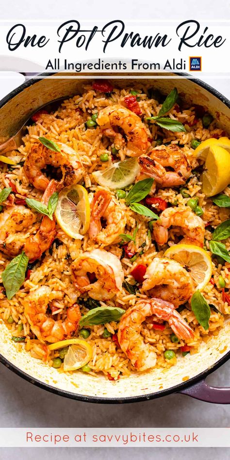 Easy one-pot Spanish style prawns/ shrimp and rice is the perfect 30-minute dinner. It's healthy, easy and very budget-friendly. Garlic and Tomato Shrimp with Lemon and basil Rice Recipe - #shrimp #rice #Aldirecipes #Budget #recipe - Super nourishing and easy to whip up, this shrimp recipe with rice is a winner! - #recipe by #savvybites Seafood Rice Dishes, Prawns Dinner Recipes, Healthy Dinner Fish Recipes, Shrimp Rice Vegetables, One Pan Shrimp And Rice, Prawns Healthy Recipes, Meals With Prawns, Easy Recipes Shrimp, Rice Fish Recipe