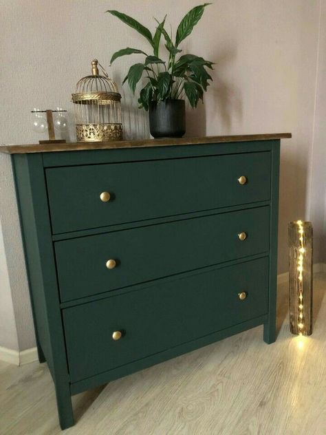 Dresser Same Color As Wall, Dark Green Furniture Bedroom, Green Dresser Black Hardware, Olive Green Upcycled Furniture, Hunter Green Dresser Diy, 3 Drawer Dresser Makeover Diy, Green Drawers Painted Furniture, Dark Green Chest Of Drawers, Redone Dressers Diy