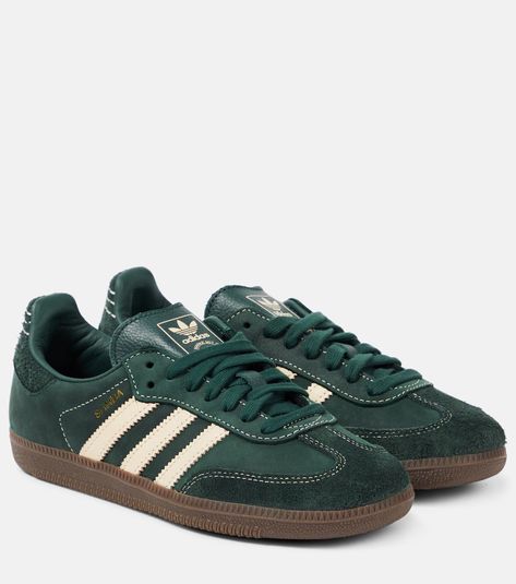 Samba OG leather sneakers in green - Adidas | Mytheresa Cool Sneakers Outfit, Forest Green Sneakers, Adidas Shoes Women Samba, Shoes For Women 2024, Womens Sambas, Colorful Sambas, Fall 2024 Shoes, Cute Green Shoes, Green Samba Outfit