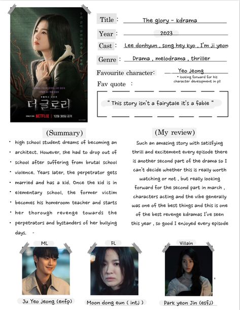 Kdrama Review Journal, Kdrama List Journal, Kdrama Review Template, Netflix Journal Ideas, Watchlist Journal, Movie Review Template Aesthetic, The Glory Drama, Kdrama Template, Kdrama Journal Ideas