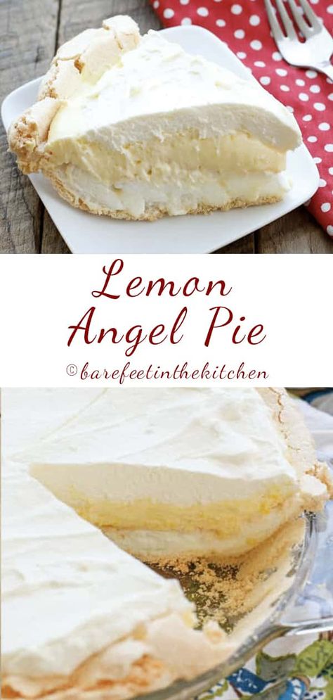 Lemon Angel Pie | barefeetinthekitchen.com Lemon Angel Pie Recipe, Angel Pie Recipe, Angel Pie, Lemon Pie Recipe, Lemon Dessert Recipes, Lemon Pie, Perfect Pies, Meringue Pie, Pie Cake