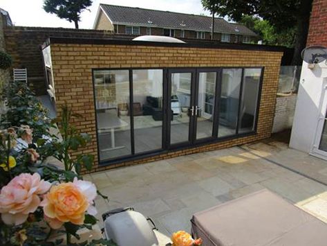 Brick built garden rooms-6 Garden Room Extension Ideas, Brick Garden Room Ideas, Brick Garden Rooms Outdoor, Brick Outbuilding Ideas, Modern Garden Room Extension, Brick Garden Room, Brick Outbuilding, Brick Garden Building, Brick Summer House