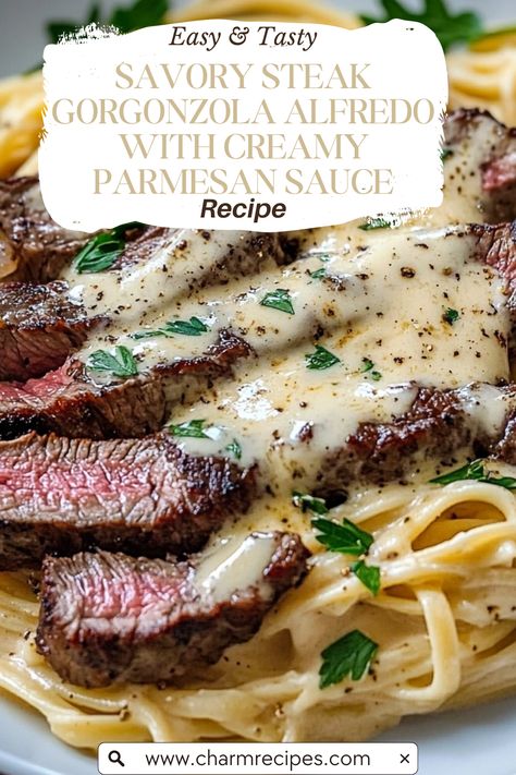 Savory Steak Gorgonzola Alfredo with Creamy Parmesan Sauce Steak Gorgonzola Alfredo, Gorgonzola Alfredo, Parmesan Sauce Recipe, Steak Gorgonzola, Gorgonzola Recipes, Steak Dinner Recipes, Creamy Parmesan Sauce, Tender Steak, Gorgonzola Cheese