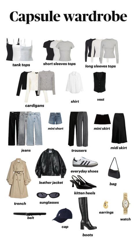 capsule wardrobe:tank tops,short sleeves tops,long sleeves top,cardigans,shirt,vest,jeans,mini short,trousers,mini skirt,midi skirt,trench,leather jacket,shoes,sneakers,kitten heels,boots,sunglasses,belt,cap,earrings,watch,bag Hm Outfits, Capsule Wardrobe Casual, Fashion Capsule Wardrobe, Outfit Inspo Casual, Uni Outfits, Everyday Fashion Outfits, Looks Party, Wellness Routine, Open Arms