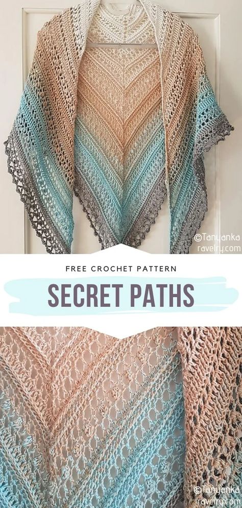 Gradient Colorway Shawls Free Crochet Patterns Secret Paths Shawl, Variegated Yarn Shawl Pattern, Triangular Crochet Shawl Pattern, Crochet Triangular Shawl, Crochet Triangular Shawl Pattern Free, Dk Weight Crochet Patterns Free, Lion Brand Homespun Patterns Crochet, Pink Crochet Shawl, Crochet One Skein Projects