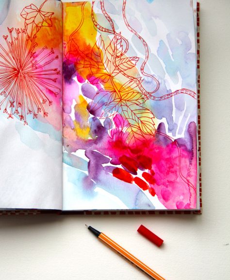 Water Colour Journal Ideas, Abstract Art Journal Pages, Indian Inspired Art, Watercolor Art Journal Ideas, Sketchbook Art Journal Watercolor, Colourful Journal, Pen Sketchbook, Watercolour And Pen, Colourful Watercolour