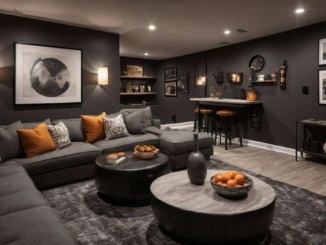 Family Room Dark Walls, Grey Floor Basement, Black Wall Basement, Charcoal Basement, Black Basement Walls, Small Basement Layout, Dark Moody Basement, Moody Basement Ideas, Basement Layout Ideas