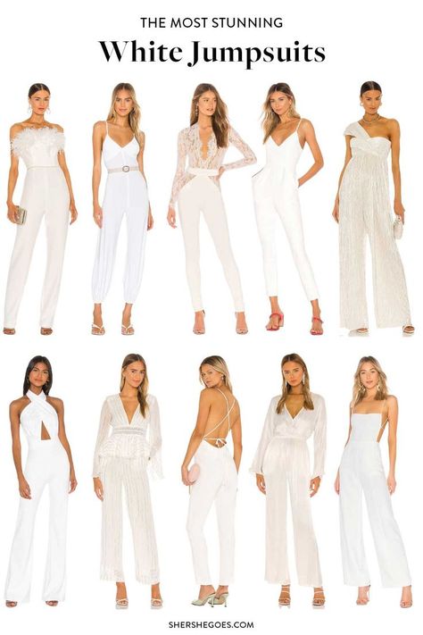 looking for the perfect white jumpsuit to wear for the big day, or a wedding event? then check out these wedding worthy white jumpsuits! #jumpsuit #whitejumpsuit #weddinglook #weddingjumpsuit #weddingoutfit #weddingstyle #weddings #bridetobe White Jump Suites Outfit, Simple White Jumpsuit Wedding, Jumpsuit Bride Wedding, Formal White Jumpsuit, White Wedding Pantsuit For Women, Hairstyle For Jumpsuit Outfit Wedding, All White Wedding Outfits For Women, Jumpsuit Outfit For Women, All White Day Party Outfits