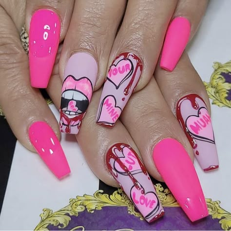 Trippy Valentines Nails, Bedazzle Nails, Bubblegum Nails, Pink Nails Ideas, Summer Nails Simple, Scream Nails, Sports Nails, Horror Nails, Cow Nails