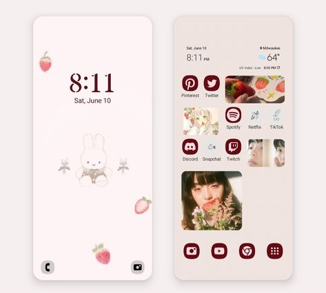 Android or phone layouts ☆!! Android Phone Layout, Pink Phone Layout, Samsung Homescreen Layout Ideas, Android Widgets, Samsung Wallpaper Android, Phone Layouts, Phone Android, Pink Phone, Phone Inspo