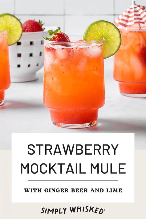 Lime and ginger beer are balanced by sweet strawberry and simple syrup in this alcohol free mule. Garnish this strawberry mocktail with a lime wheel and cocktail umbrella for a beautiful family-friendly drink. Non Alcoholic Mule, Mocktail Mule Recipe, Mocktail Recipe Strawberry, Strawberry Lime Mocktail, Red Mocktail Recipe, Moscow Mule Mocktail Recipe, Mule Mocktails, Mocktail Mule, Ginger Beer Mocktail Recipe