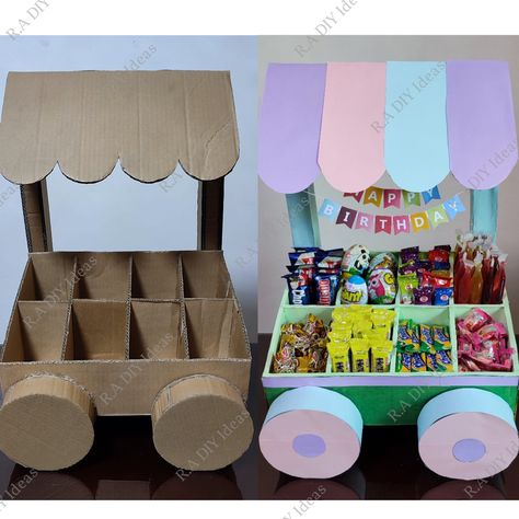 R.A DIY Ideas - No need to buy or rent candy buffet... | Facebook Diy Candy Cart, Exterior Christmas, Cardboard Crafts Diy, Cardboard Box Crafts, Candy Cart, Stick Crafts, Candy Land Christmas Decorations Diy, Candy Land Christmas Decorations Outdoor, Candy Land Christmas Tree