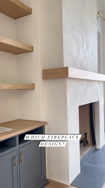 Built In Flanking Fireplace, Plastered Fireplace With Wood Mantel, Concrete Fireplace With Tv, Monochrome Fireplace Wall, White Lime Wash Fireplace, Cupboards By Fireplace, Fireplace Coastal Modern, Plaster Wall Fireplace, Shea Mcgee Fireplace