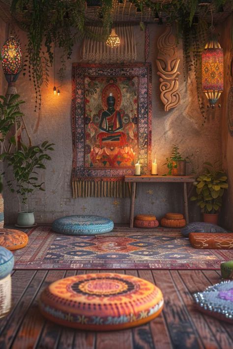 Vibrant Yoga Room Ideas with Bohemian Decor Indian Meditation Room, Basement Zen Space, Office Meditation Room Combo, Yogi Home, Colorful Yoga Studio, Colorful Boho Home Decor, Basement Yoga Studio, Small Yoga Studio Design, Yoga Studio Aesthetic