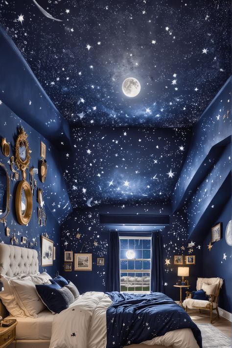 Galaxy Ceiling Bedrooms, Celestial Room Aesthetic Bedroom, Space Ceiling Bedroom, Painting Ceiling Ideas, Starry Ceiling Bedroom, Star Themed Bedroom, Night Sky Room, Dark Blue Ceiling, Roman Bedroom