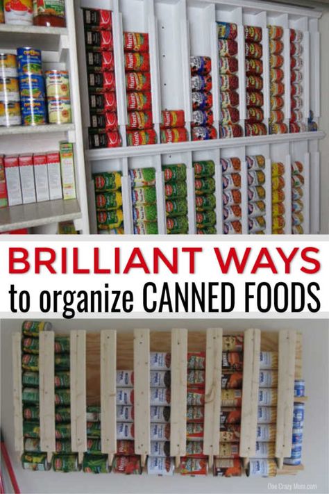 Learn how to organize canned food with these easy canned food storage ideas. Over 15 canned food storage hacks that will get your pantry in order. Can Good Storage Ideas, Canned Food Storage Ideas, Food Storage Hacks, Canned Good Storage, Food Storage Ideas, Pantry Can Organization, Food Storage Rooms, Food Storage Shelves, Diy Pantry Organization