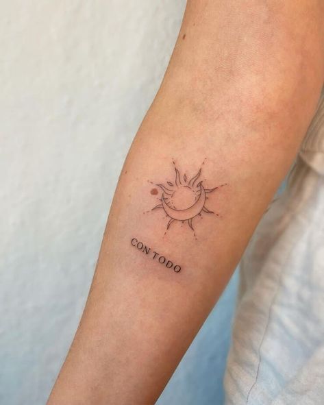 22 Etheral Sun And Moon Tattoos For Effervescent Night Owls 13 Tattoo Sonne, Luna Tattoo, Moon Sun Tattoo, Sun And Moon Tattoo, Moon Tattoos, Single Needle Tattoo, Moon Tattoo Designs, Night Owls, Petite Tattoos