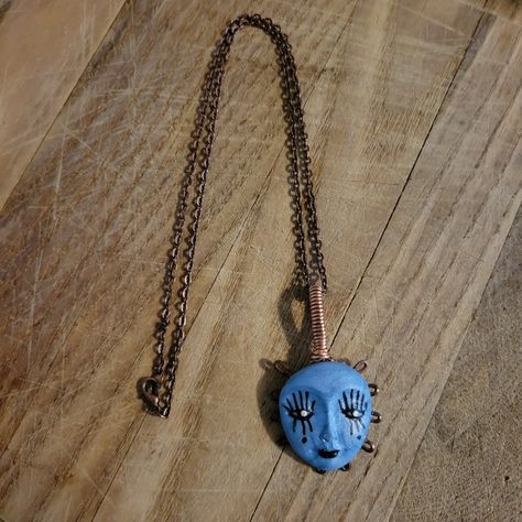 Handcrafted By Me Copper Polymer Clay 18"Chain 2" Pendant Clay Pendent Designs, Air Dry Clay Pendants Diy, Air Dry Clay Wind Chimes, Clay Necklace Ideas, Witchy Clay Crafts, Air Dry Clay Necklace, Polymer Clay Necklace Ideas, Polymer Clay Faces, Air Dry Clay Charms