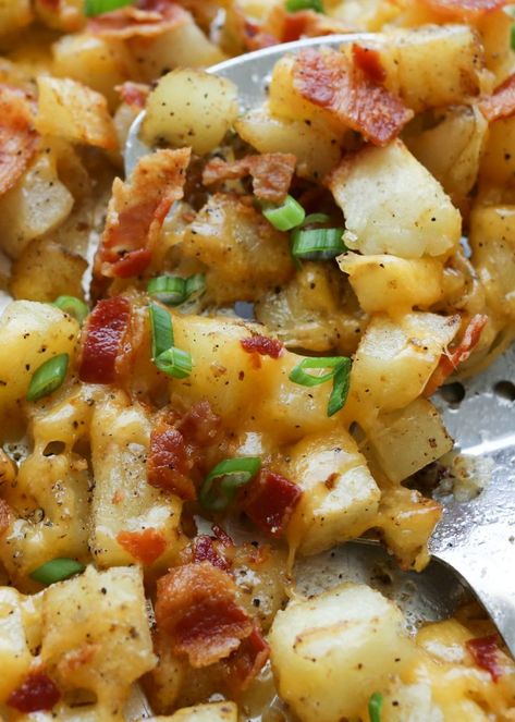 Best EVER Cheesy Bacon Potatoes | Barefeet In The Kitchen Cheesy Bacon Ranch Potatoes Oven, Dice Potatoes Recipes, Fried Potato Casserole, Diced Cheesy Potatoes In Oven, Cheesy Potatoe Casserole Cubed, Cheesy Bacon Potatoes Casserole, Cheesy Cubed Potatoes, Diced Baked Potatoes In The Oven, Diced Cheesy Potatoes