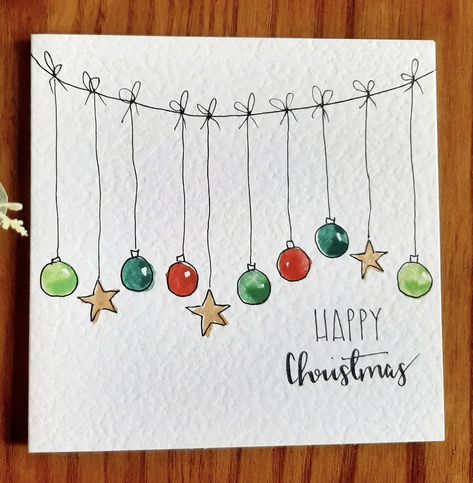 Christmas Watercolours Easy, Cute Watercolour Christmas Card, Christmas Decor Painting Ideas, Water Colored Christmas Cards, Christmas Lights Watercolor Painting, Christmas Card Inspiration Watercolour, Watercolour Xmas Gift Tags, Waterpaint Christmas Card, Painted Gift Tags Christmas