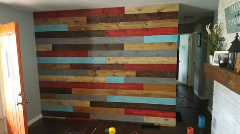 Multi color pallet board wall Colored Pallet Wall, Pallett Wall, Pallet Board Wall, Pallet Walls, Pallet Boards, Whiskey Bar, Board Wall, Pallet Wall, Diy Pallet Projects