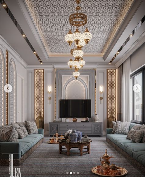 Arabian House Design, Living Room Decor Blue Sofa, Arabic Interior Design, Islamic Interior Design, Moroccan Style Interior, Moroccan Living Room, Living Room Built Ins, Classical Interior, Interior Architecture Drawing