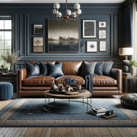 Dark Brown White And Blue Living Room, Masculine Blue Living Room, Navy Blue And Brown Living Room, Blue And Brown Living Room, Blue Family Room, Brown Leather Sofa Living Room, Mood Room, Brown Leather Couch Living Room, Brown And Blue Living Room