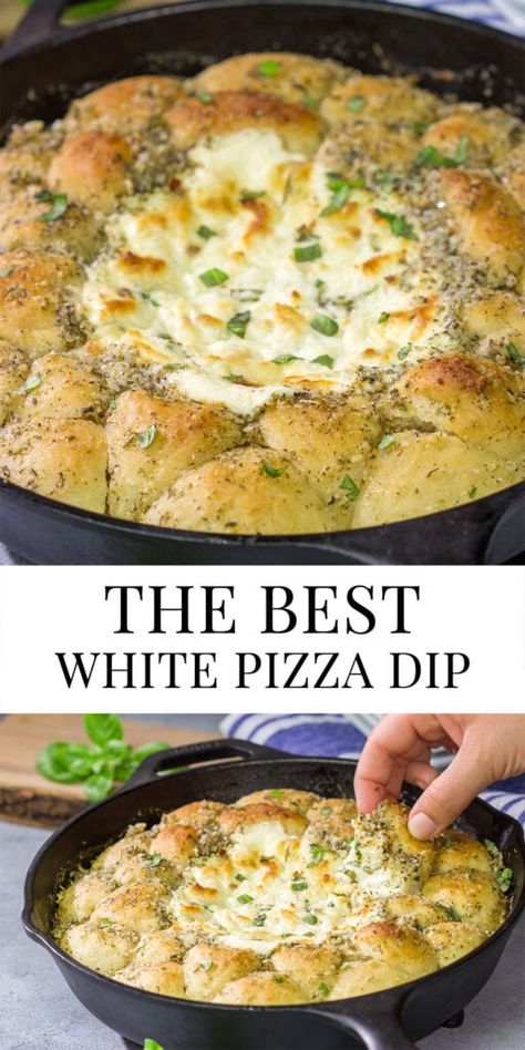 Comfort Food Dips, Jeff Mauro White Hot Pizza Dip, Cheesy Garlic Knot White Pizza Dip, Viral Pizza Dip, Cast Iron Dips, White Hot Pizza Dip Jeff Mauro, Four Dips With Pizza Dough Balls, Healthy Pizza Dip, Savory Dip Ideas