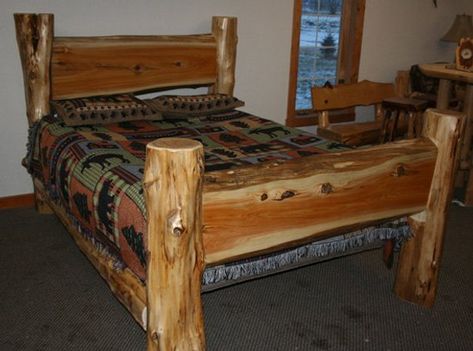 UNIQUE LOG BEDS -CEDAR LOG SLAB BED - TWIN SIZE This is a unique rustic log bed! We designed it several years ago, and it has been very popular because each one is unique, though we do retain the basic look pictured. This bed is priced at a Twin size however all sizes - Twin, Cedar Headboard, Log Bed Frame, Log Bedroom Furniture, Log Furniture Plans, Log Bedroom, Live Edge Bed, Cedar Furniture, Rustic Log Furniture, Log Bed