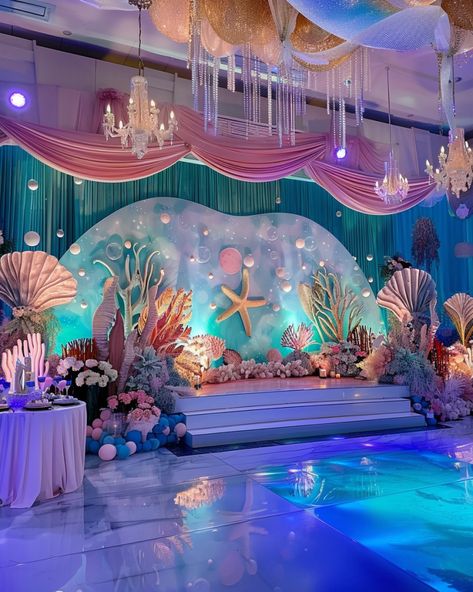 Dive into Glamour: A Mermaid Party Extravaganza – A Sparkly Life for Me Under The Sea Debut Theme, Mermaid Themed Quinceanera, Whale Themed Birthday Party, Beach Theme Quinceanera, Under The Sea Party Decor, Ariel Quinceanera Theme, Mermaid Quinceanera Theme, Xv Themes Ideas, Mermaid Decorations Party