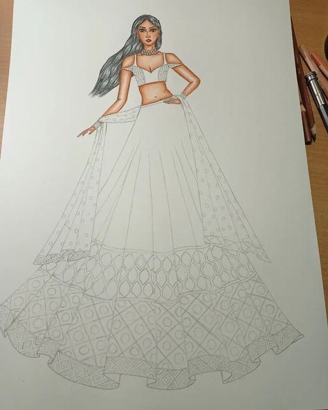 Illustration Of Lehenga, How To Draw Lehenga Sketch, Lehanga Fashion Illustration, Fashion Design Sketches Lehenga, Bridal Lehangas Illustration, Bridal Lehenga Sketch Drawing, Fashion Illustration Beginner, Traditional Illustrations Sketches, Lengha Illustration Sketch