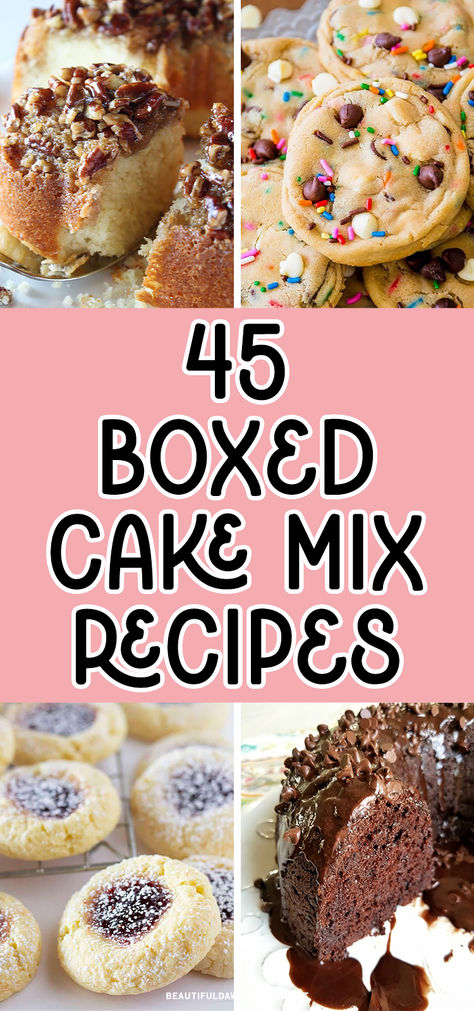 You'll love these easy dessert recieps using boxed cake mix. You find recipes for Yellow Cake Mix Thumbprint Cookies, 5-Ingredient Chocolate Cake, Cake Batter Chocolate Chip Cookies, Pecan Upside Down Bundt Cake and more. These recipes are perfect for a holiday potluck or gathering. Baking With Cake Mix Boxes, Cake Batter Recipes Boxes, Box Cake Mix Dessert Recipes, Boxed Devils Food Cake Recipes, Add To Cake Mix Recipes, Box Cake Mix Into Sponge Cake, Bundt Cakes Made With Cake Mixes, Carrot Cake Box Mix Recipe, Tasty Cakes Recipes