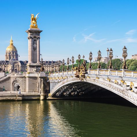 Thirty-seven bridges span the Seine River in Paris, France, each one a unique destination in its own right. Here are some favorites. Paris Bridges, France Bridge, Paris Bridge, Flower Header, Bridge In Paris, Beautiful Bridges, Famous Bridges, Equestrian Statue, Travel Through Europe