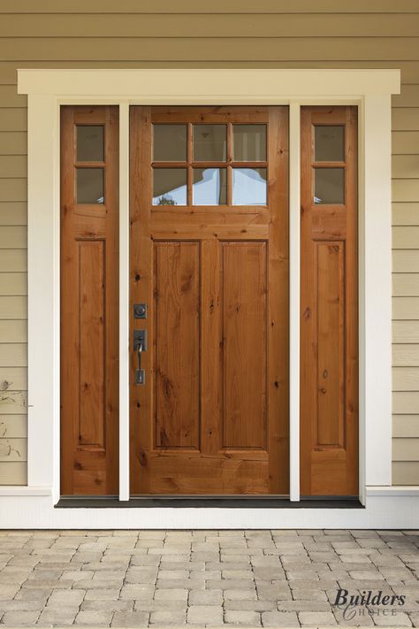 48 Inch Wide Front Door, Brown Wooden Door Exterior, Wood Front Door White Trim, Natural Wood Front Door White House, Farmhouse Style Front Door, Wooden Front Doors With Glass Panels, Craftsman Entry Door, Wood Front Doors With Glass Panels, Craftsman Front Door With Sidelights