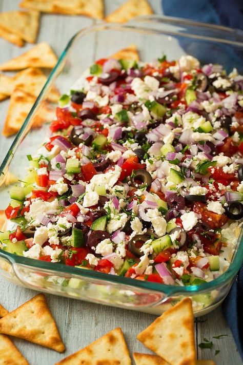 Savory Dip Recipes, Greek Layer Dip, Greek Dip, Geoffrey Zakarian, Seven Layer Dip, Layer Dip, Homemade Guacamole, Homemade Hummus, Cooking Classy