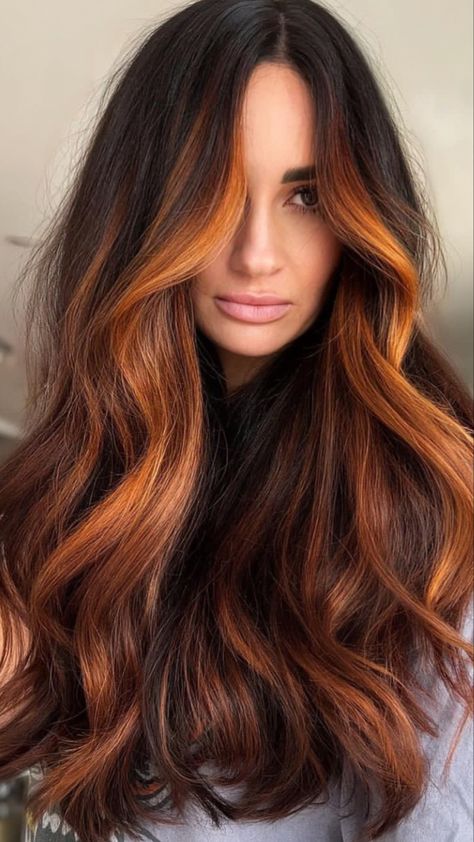 Shadow Root Copper Hair, Trending Hair Colour 2024, Auburn Money Piece, Money Piece On Black Hair, Dimensional Red Hair Copper, 2025 Hair Color Trends For Women, Copper Hair Highlights, Dimensional Black Hair, Black Hair Ideas