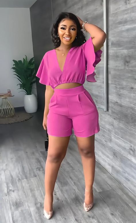 Two Piece Shorts Set, Two Piece Short Set, Ruffle Crop Top, Crop Top And Shorts, Ruffle Shorts, Butterfly Sleeves, Neck Crop Top, Casual Sets, Two Piece Outfit