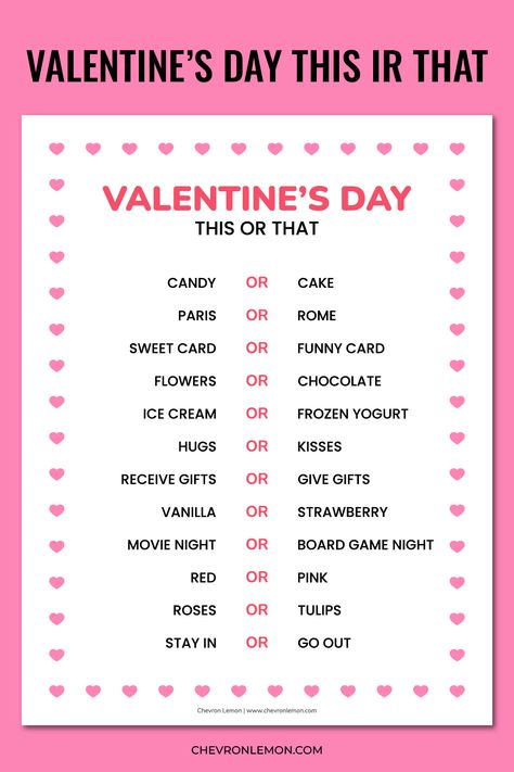 Free printable Valentine's Day this or that game Valentines Fb Games, Valentines Would You Rather, Galentine Activities For Teens, This Or That Valentines Day, Valentines Games For Teenagers, Galantines Day Games, Valentines Day Games For Staff, Games For Valentines Day For Kids, Free Valentine’s Day Ideas