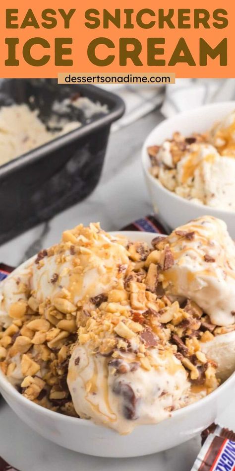 Homemade Snicker Ice cream is a delicious blend of caramel, peanuts and candy. Everything is combined with a creamy base for an irresistible treat. This no churn recipe does not require an ice cream maker making it even easier. #dessertsonadime #snickersicecream #snickers Snicker Ice Cream, Homemade Ice Cream Recipes Machine, Snickers Ice Cream, Best Homemade Ice Cream, Ice Cream Recipes Machine, Homemade Ice Cream Cake, Snickers Candy, Healthy Ice Cream Recipes, Sorbet Ice Cream