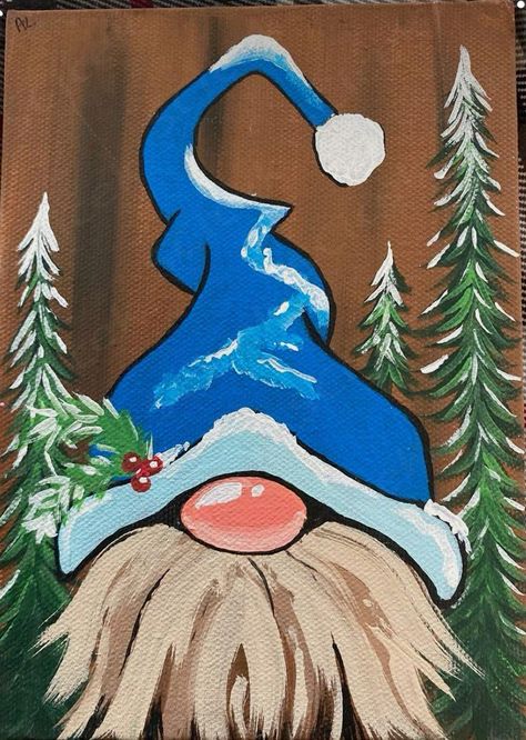 Christmas Theme Paintings On Canvas, Christmas Gnome Painting Tutorial, Happy New Year Painting Ideas Canvas, Xmas Painting Ideas Canvas Art, Christmas Art Inspiration, Christmas Art Painting Acrylic Easy, Cool Paintings On Canvas, Easy Gnome Painting, Cute Christmas Painting Ideas