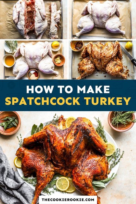 Achieve turkey perfection! This Roasted Spatchcock Turkey guarantees juicy, flavorful results with crispy skin. Learn the easy method and impress your guests! Perfect for fall gatherings like Thanksgiving. Cut Turkey Before Cooking, Thanksgiving Spatchcock Turkey Recipes, Spachocked Turkey Recipe, Turkey Crispy Skin, How Long To Cook Spatchcock Turkey, Cut Up Turkey Recipes, Spackcocked Turkey, How Long To Cook A Spatchcock Turkey In The Oven, Spatchcock Turkey Oven Roasted