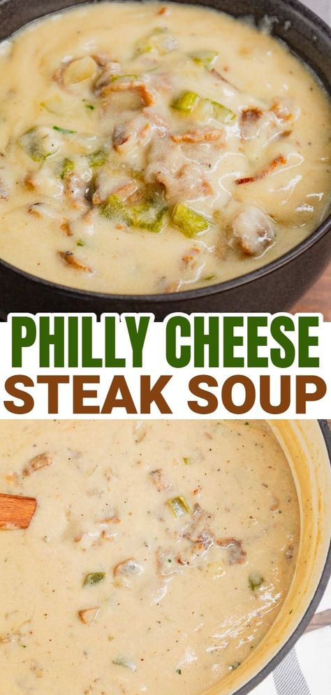 Philly Cheese Steak Soup is a hearty soup loaded with chopped deli roast beef, diced onions, green bell peppers, sliced mushrooms and provolone cheese. Different Soups To Make, Soup Recipes Family, Cheesesteak Potato Soup, Soup With Roast Meat, Soup Cook Off Recipes, Philly Cheese Soup, Philly Steak Soup, Best Beef Soup Recipes Ever, The Best Soup Recipes Ever