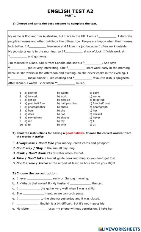 Language test a2 English Conversation Worksheets, English Grammar Test, English Grammar Exercises, Study English Language, English Teaching Resources, English Exercises, English Conversation, Teaching English Grammar, English Language Learning Grammar