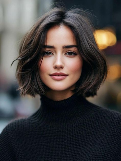 Shirt Brunette Hair, Short Hair With Middle Part, Old Money Brunette Hair Short, Brunette French Bob, European Bob Hairstyles, Short Dark Brunette Hair, Short Asian Bob, Short Dark Brown Hair With Layers, Brown Textured Bob