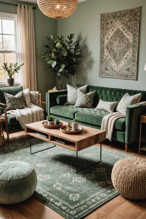 21 Sage Green Living Room Ideas – The Dear Lab Sage Theme Living Room, Sage Colour Living Room, Living Room Greenhouse, Living Room Natural Colors Earth Tones, Tan And Green Living Room Ideas, Moss Green Living Room Ideas, Green Accent Living Room Ideas, Olive Green Couch Decor, Earth Toned Living Room Ideas