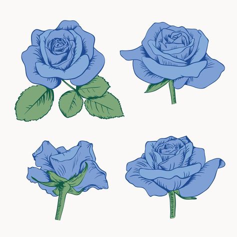 Roses With Leaves, Rose Reference, Blue Drawings, Flower Drawing Tutorials, Rose Illustration, Rose Drawing, Roses Drawing, Rose Art, Blue Roses