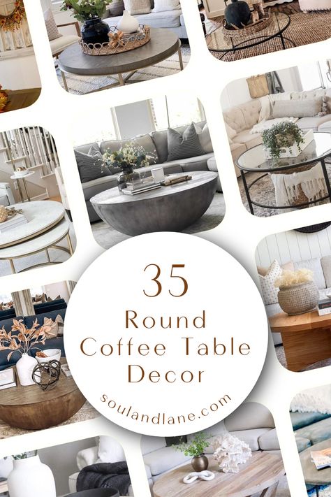 Elevate your living space with these wow-worthy round coffee table décor ideas that are sure to leave a lasting impression. From curated vignettes to creative styling, explore ways to transform your coffee table into a centerpiece of style and sophistication in the heart of your living room. Round Coffee Table Styling Rustic, Dressing A Round Coffee Table, Round Coffee Table Styling Glass, Living Room Round Table Decor, Styling Round Side Table, Centerpieces For Round Coffee Table, Decor On Round Coffee Table, Condo Coffee Table, Styling Nesting Coffee Tables